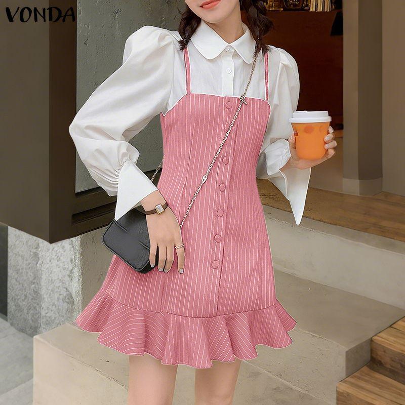 VONDA Womens Fake Two Piece Patchwork Long Sleeve Striped Casual Dress