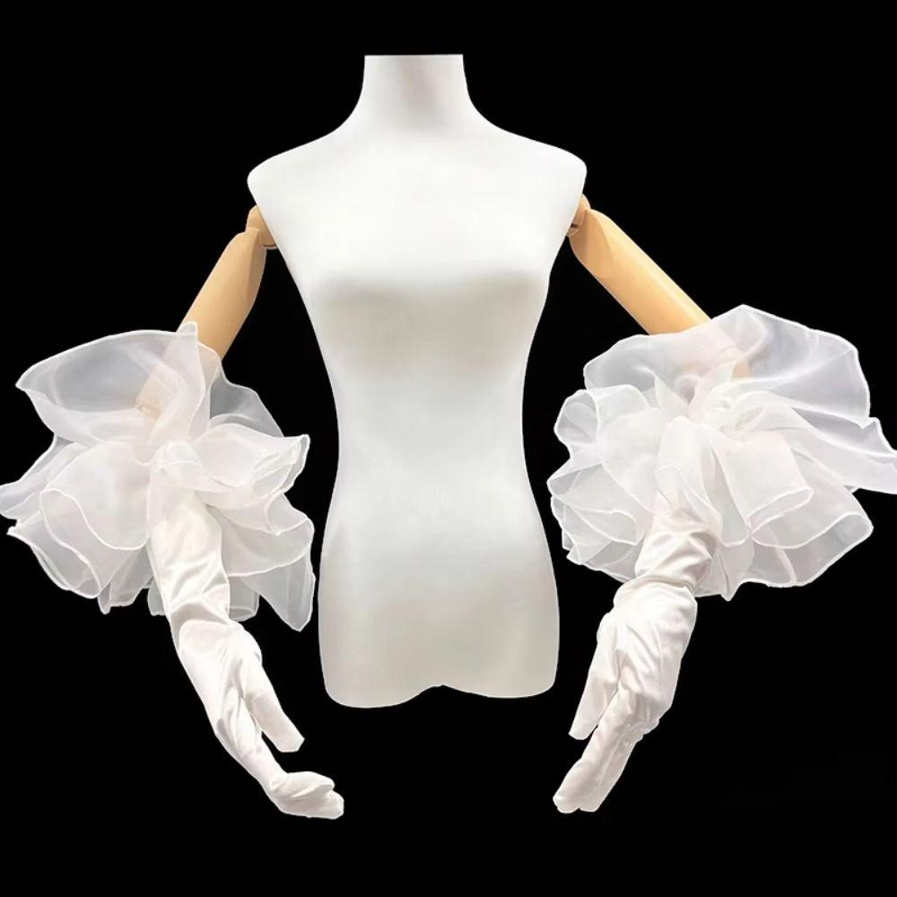 Organza Flower Long Gloves Elastic Wedding Bridal Gloves Retro Ruffles Velvet Mittens  Women