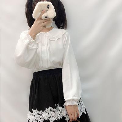Oversize bílá košile Dámské Kawaii Peter Pan Halenky s límečkem Knoflíček Dlouhý rukáv Roztomilé volánky Topy Lolita Styl Mori Girl Estetický