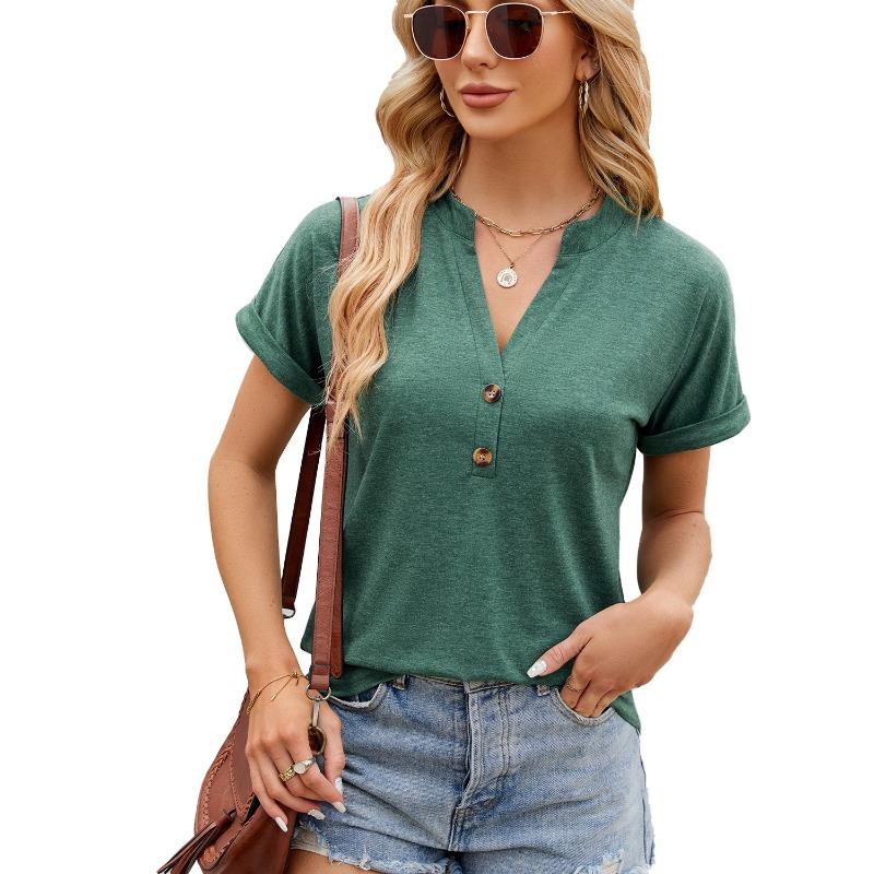 Spring Summer Solid Color V-neck Button Loose Short Sleeved T-shirt Top