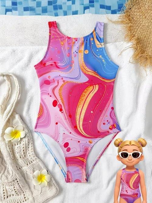 Bañador de una pieza para niña Lindo Dibujo Animado Colorido Estampado de Unicornio Sin Mangas Ropa de baño Verano para Niños Traje de Baño para Playa