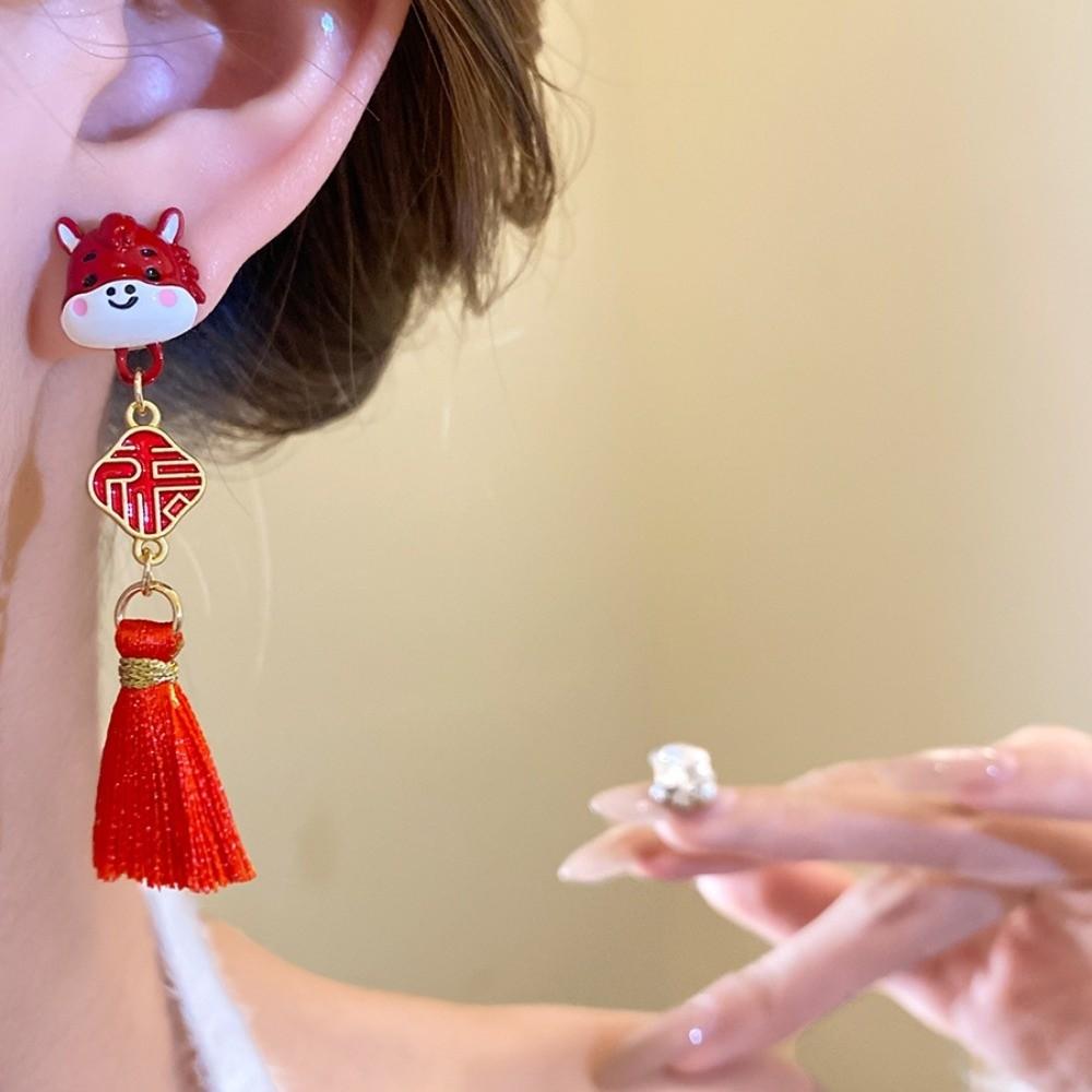 Cartoon Horse New Year Horse Earrings Flocking Horse Mascot Drop Earrings Red Pony Earrings Party