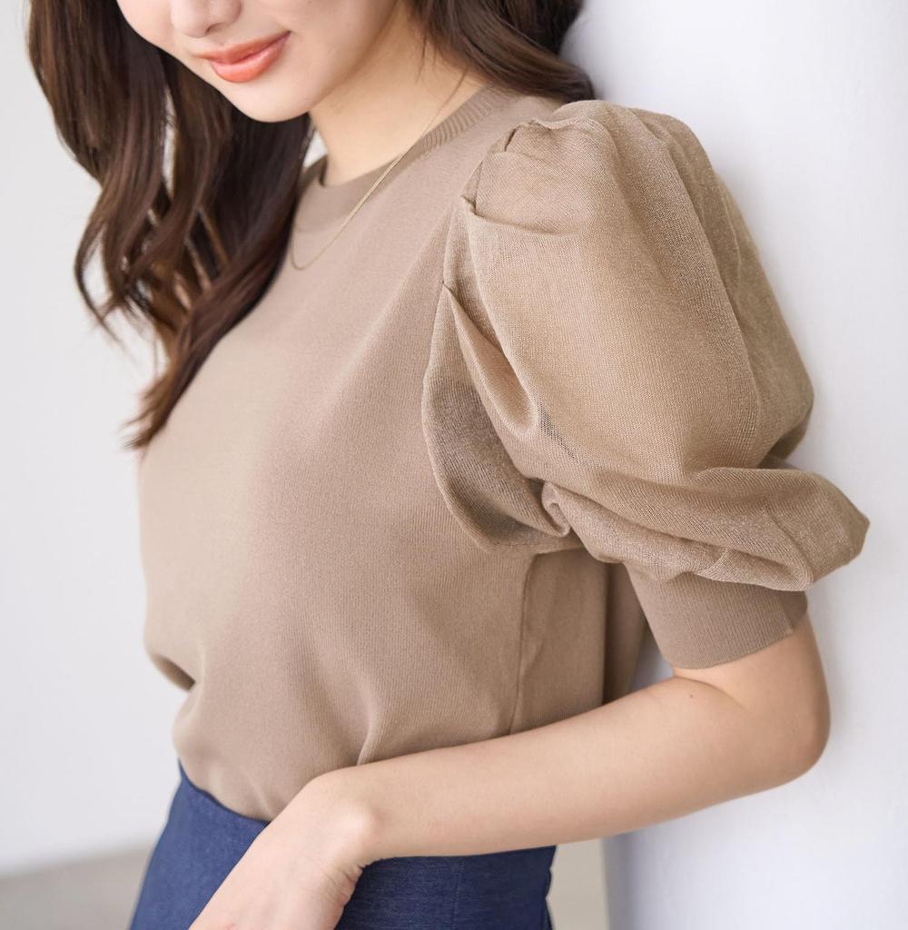 ROPE PICNIC Sheer Tuck Sleeve Knit Beige Women's Cool-to-the-touch Pullover, GDM14770, (27)