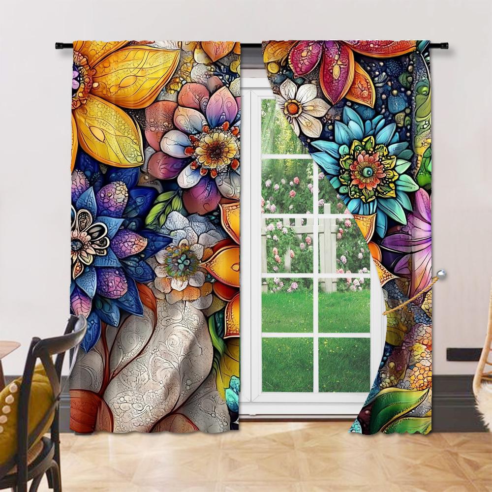 2 Stück Blumige Boho-Fenstervorhänge Bohemian Buntes Blumenmuster Fensterbehänge für Zuhause Schlafzimmer Wohnzimmer Küche Zuhause