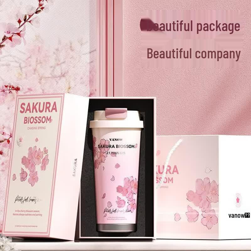 Vanow Cherry Blossom 500ml Ceramic Lined Insulated Coffee Straw Cup