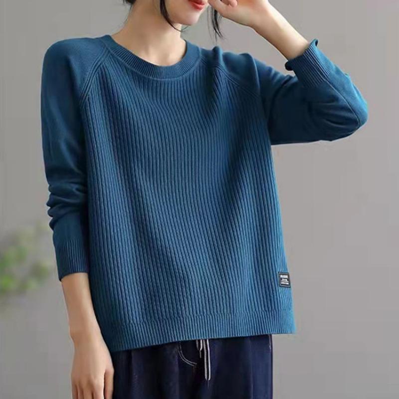 Frühling klassischer Pullover Damen Pullover langärmlig plus lässiger Rundhals schlankmachender Seitenschlitz Strickpullover Damen Innenoutfit