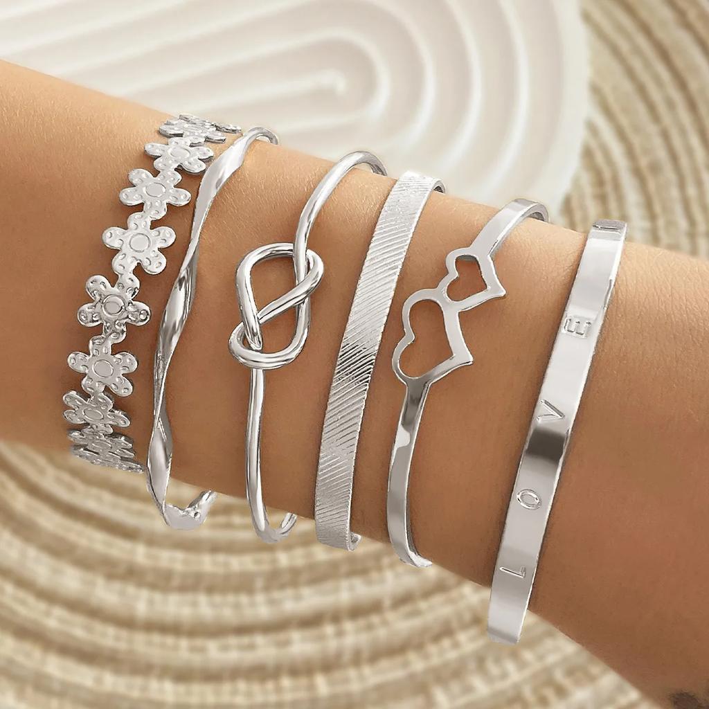 6Pcs/Set Punk Vintage Simple Gold Color Arrow Rhombus Flowers Grain Bracelets for Women Exaggerate Open Mouth Bangles Sets