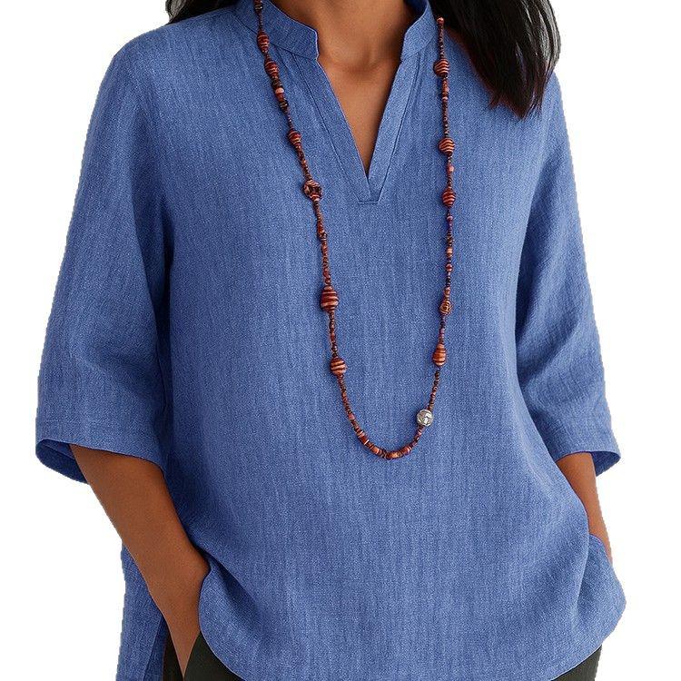 2026 Summer Women's European & American V-neck 3/4 Sleeve Cotton Linen Loose Casual Shirt