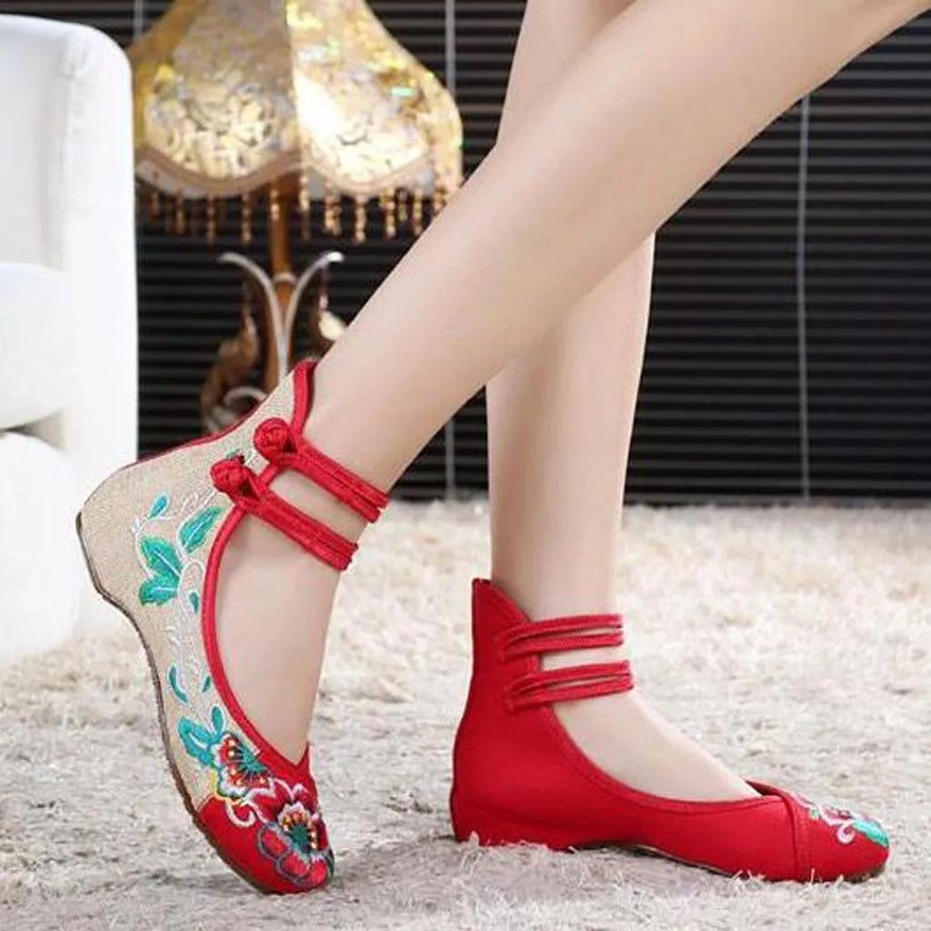 Women Embroidered Shoes Canvas Sneakers High Ankle Double Strap Shoes Slip-On Sewing Comfort Breathable Mesh Shoes For Women