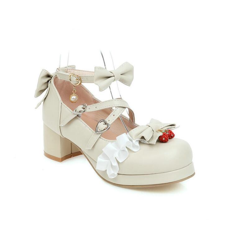 Girls' Shoes Ladies Heels Platform Cute Bow Lace Princess Mary Jane Lolita Shoes Party High Heel Buckle Women Pumps Pink 30-43