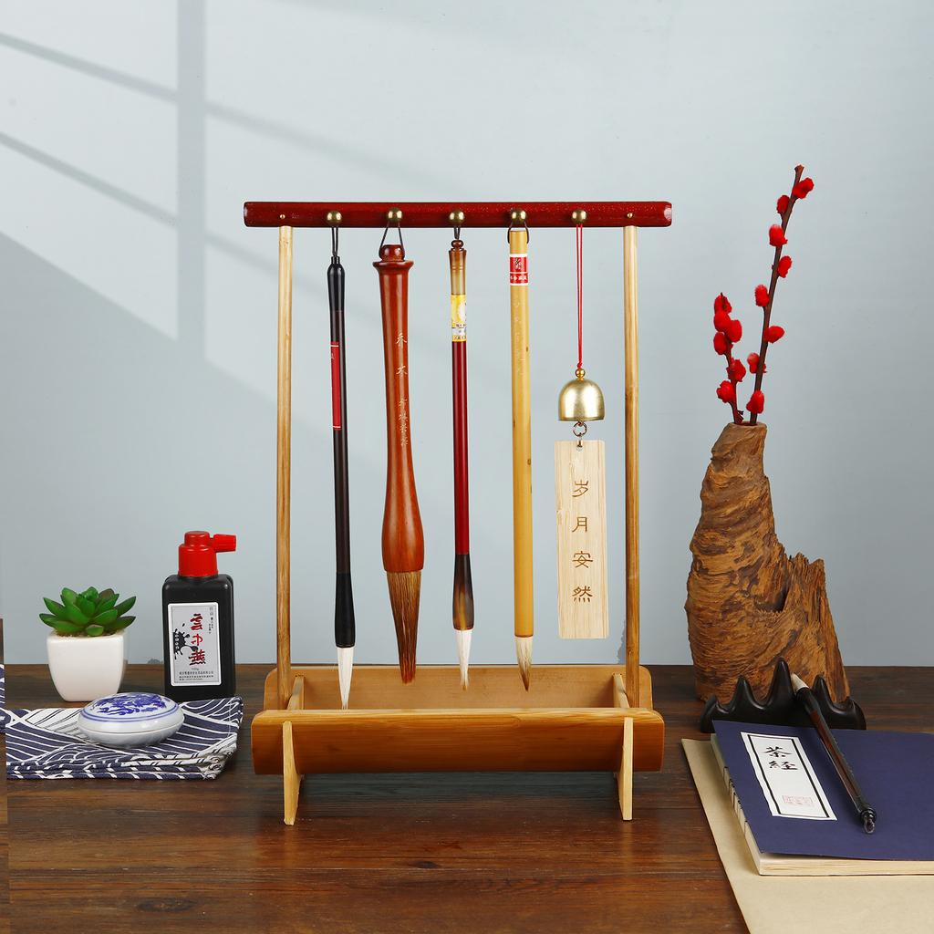 Natural Rosewood Chinese Brush Pen Holder with Bamboo Base Calligraphy Rest Ink Hanger 10 Needles Writing Brush Holder