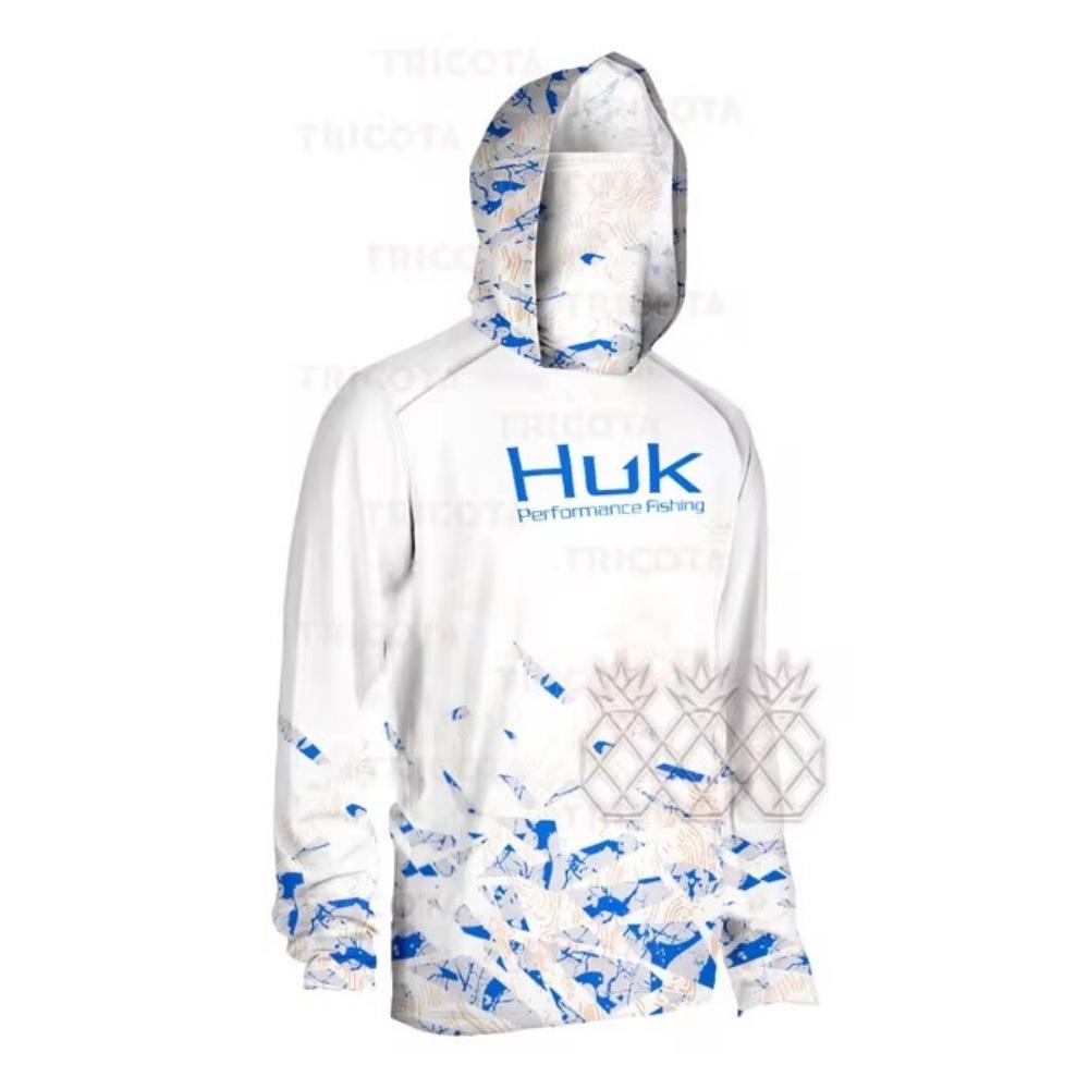 HUK da Uomo Transfrontaliero Manica Lunga con Cappuccio e Mascherina Facciale Tuta da Pesca Intera Maglietta con Protezione UV Tuta da Pesca Protezione Solare