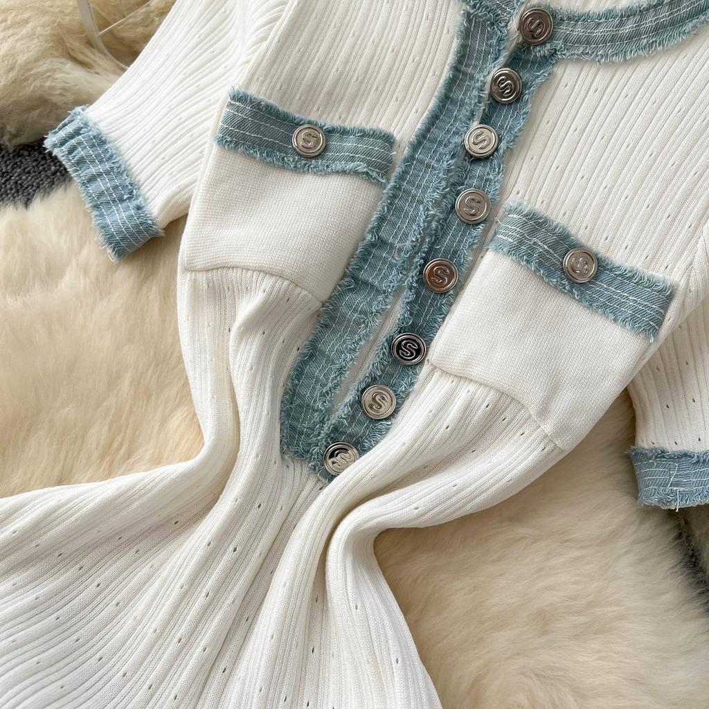 Summer Women Elegant Short Sleeve Denim Patchwork Knitted Sweater Long Midi Party Dresses