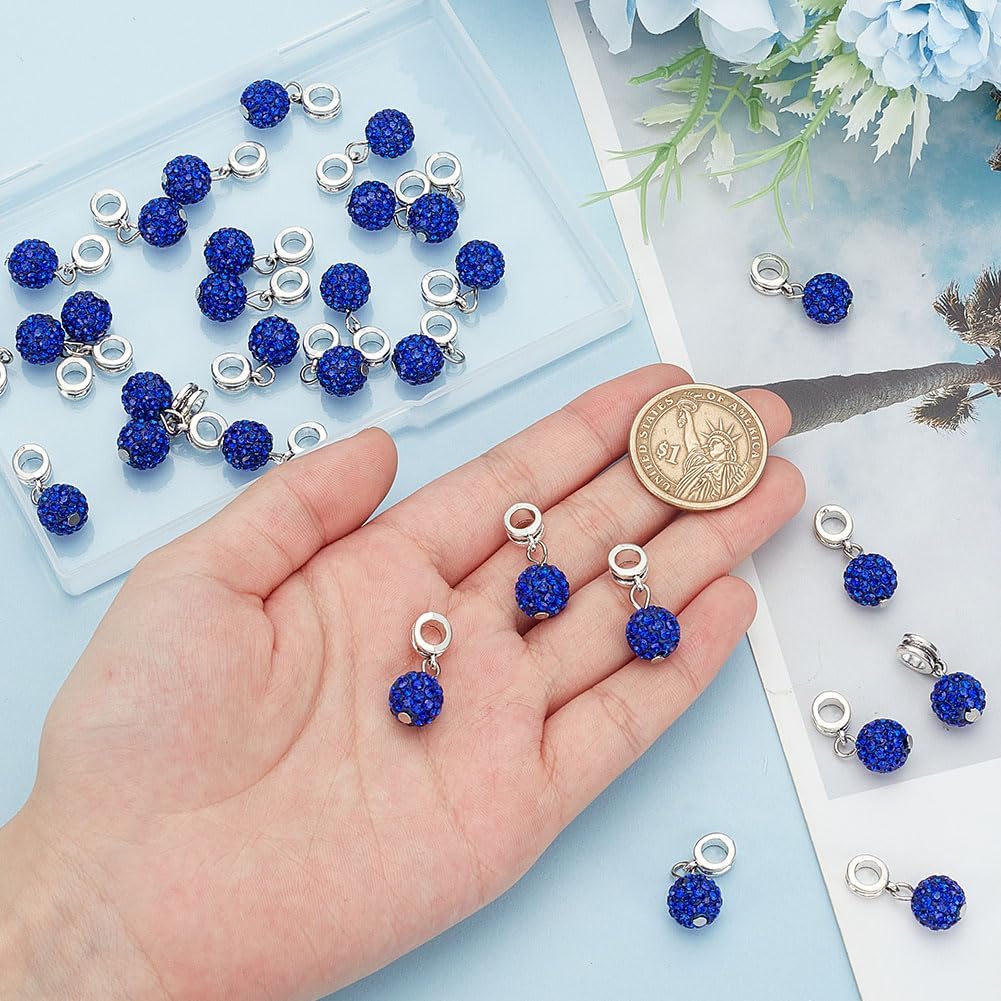 PH PandaHall 30pcs Dangle Pendant Charms, 10mm Blue Rhinestone Bead Dangle Charms European Dangle Bead 5mm Large Hole Spacer Beads Bails Connector