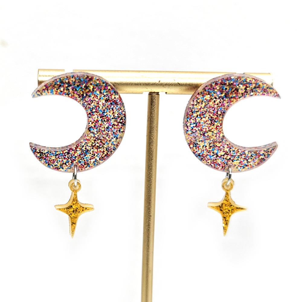 European & American Glittering Moon & Star Ear Hooks - Acrylic Seven-Color Dangle & Stud Earrings