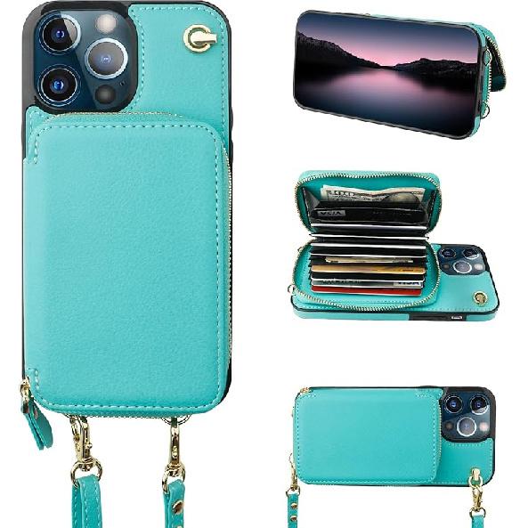 Bocasal Crossbody Wallet Case for iPhone 13 Pro Max, RFID Blocking Leather Purse Case with Card Holder, Protective Handbag Flip Cover with Zipper