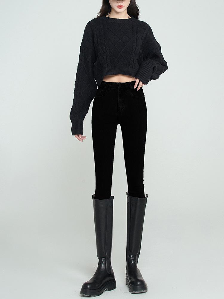 New black and gray tight-fitting high-waisted jeans for women in autumn and winter
