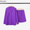 ZANZEA Women Turn Down Collar Long Sleeve Blouse Summer Shorts Two Piece Outfits