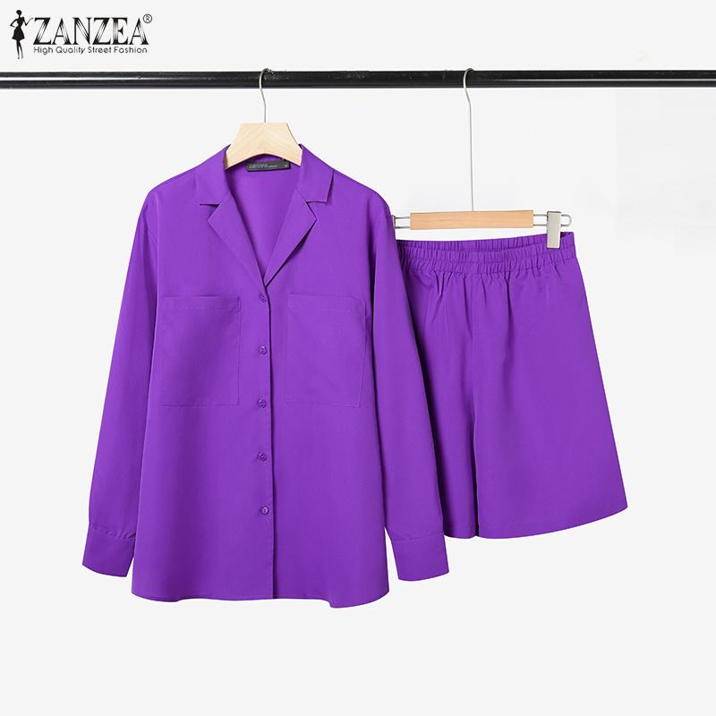 ZANZEA Women Turn Down Collar Long Sleeve Blouse Summer Shorts Two Piece Outfits