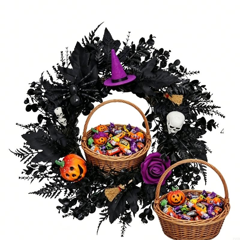 Seasonal Halloween Wreath, 15.7 Inch Black Wall Hanging for Entryway Party Welcome, Porch Use, Window Welcome, and Guest D