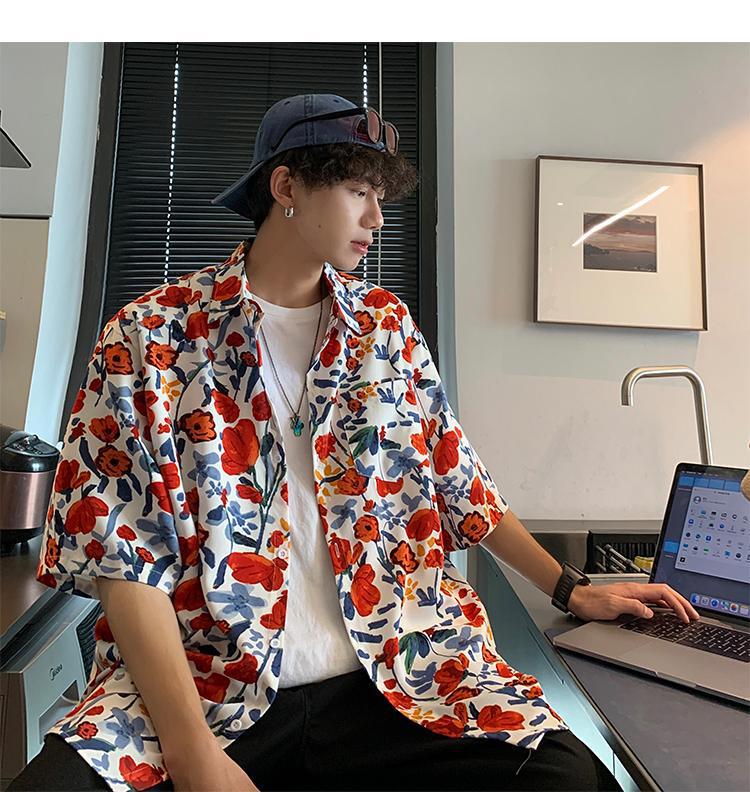 Men's Hawaiian Floral Short-Sleeve Shirt - Trendy, Lightweight, High-End Hong Kong Style Design