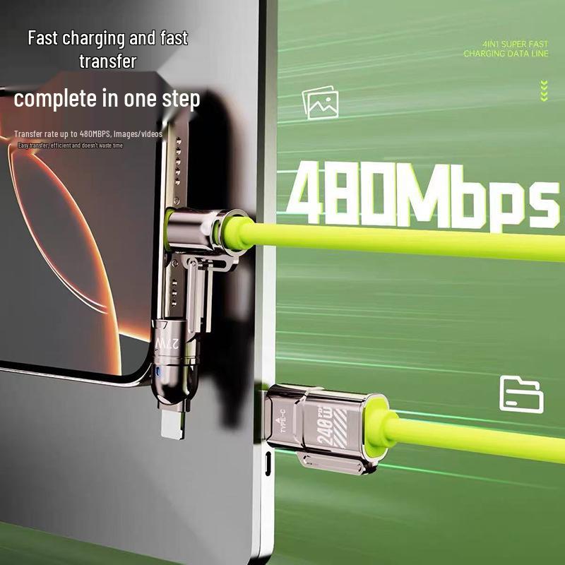 240W Super Flash Charge 4-in-1 Data Cable for Apple, Huawei, Xiaomi, and Oppo – 6A Charging Cable