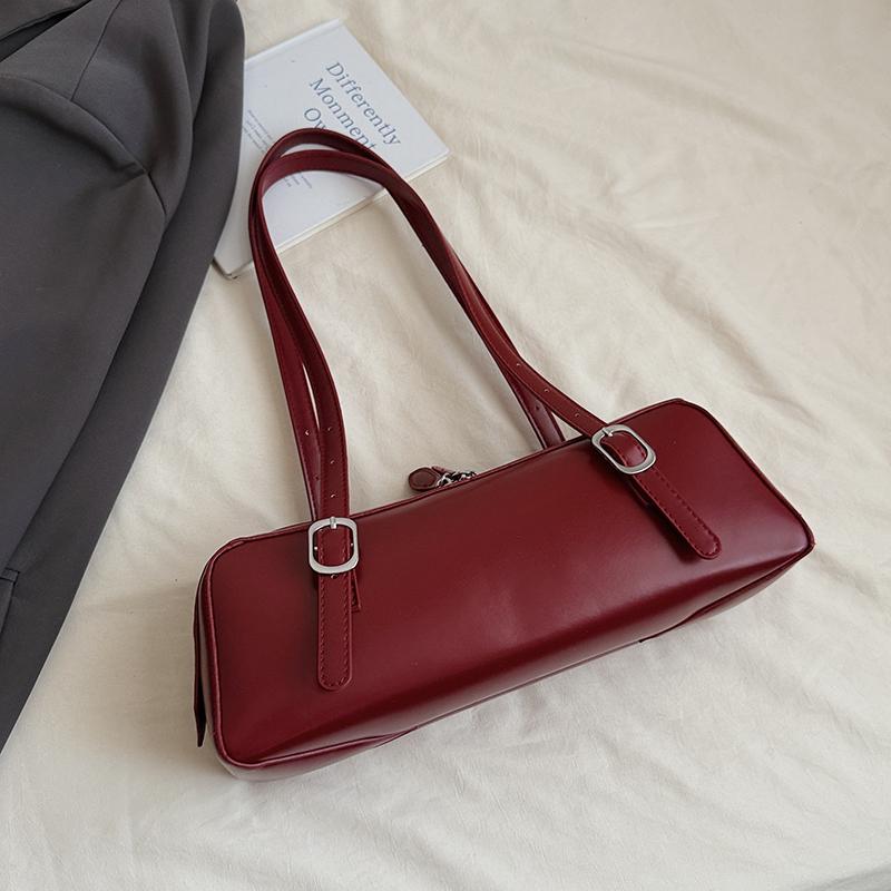Large Capacity Bowling Shoulder Bag For Women French Style Fashion Underarm Handbag Solid Pu Leather Tote Red Purse Armpit Bag