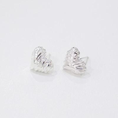 Heart-shaped Ball Earrings, Plump, Diagonal, Engraved, Sterling Silver