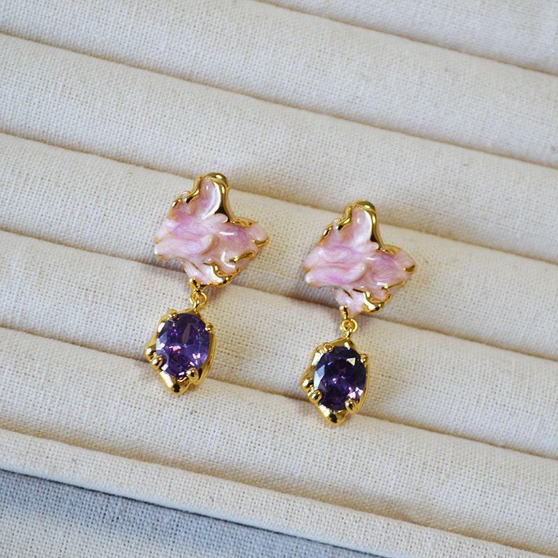 Pink Enamel Flower Earrings with Purple Zircon & 925 Silver
