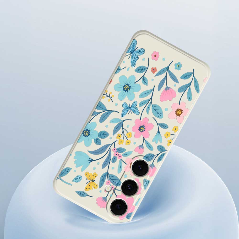 For Samsung Galaxy S25 FE Case Blue Pink Flowers Pattern Printing Straight Edge TPU Phone Back Cover