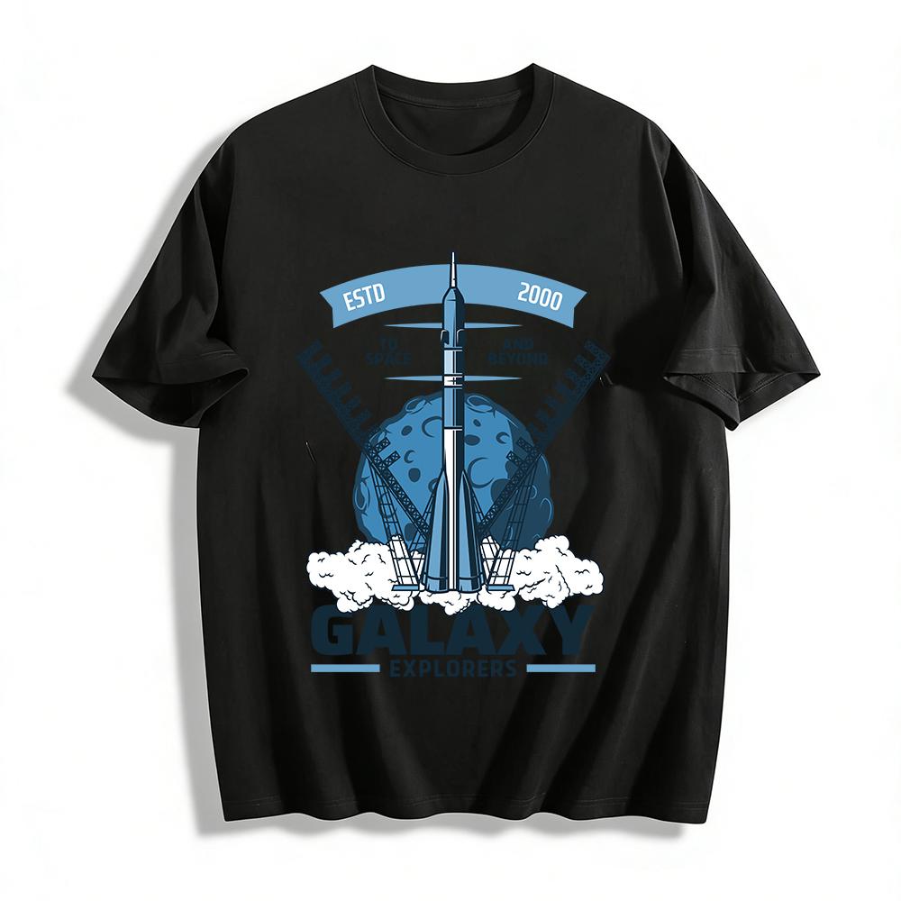 

Galaxy Explorers Space Rocket Graphic Tee ESTD 2000 To Space And Beyond Pure cotton T-shirt XXS