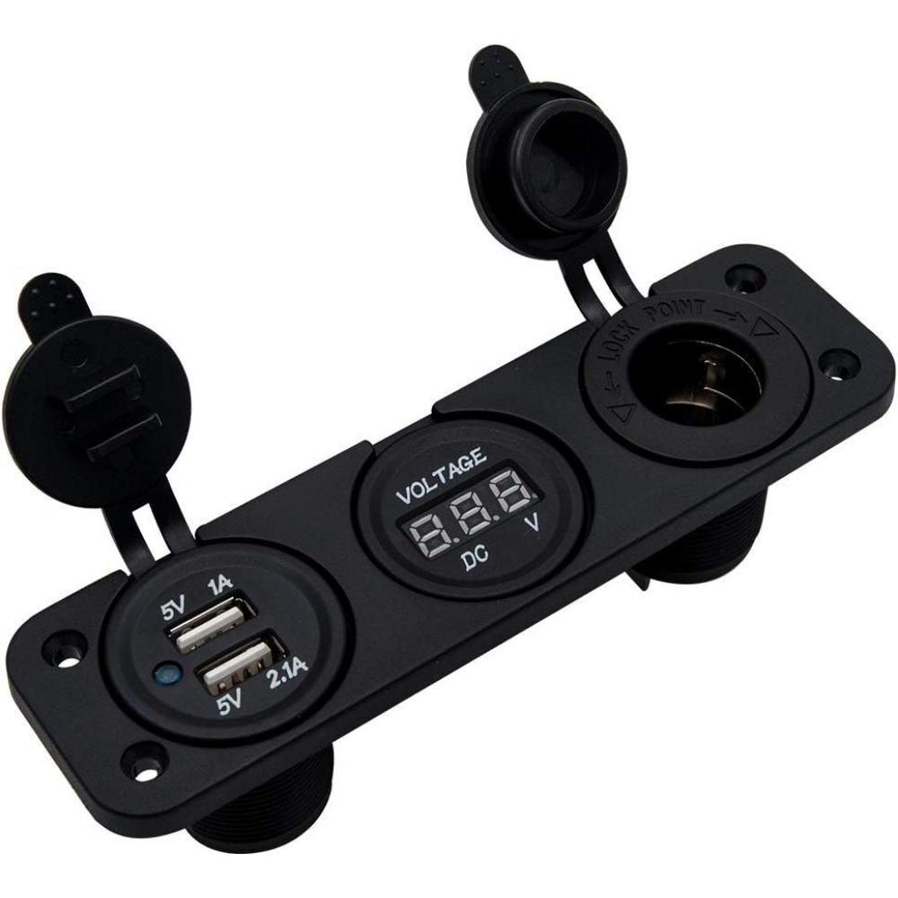 Dual USB Socket Charger + LED Voltmeter + 12V / 24V Power Outlet 3 In 1 Multi-function Three Hole Panel for Truck Trailer Boat Camper Motorhome