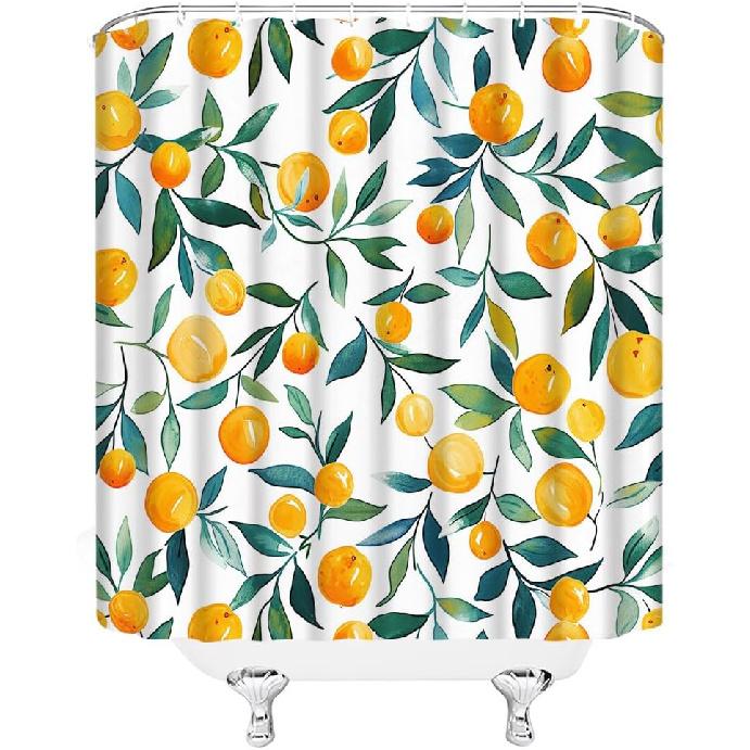 Lemon Shower Curtain Green Leaves Watercolor Fruits Plant Modern Minimalistic Botanical Bathroom Decor Curtain with Hooks,Green Orange