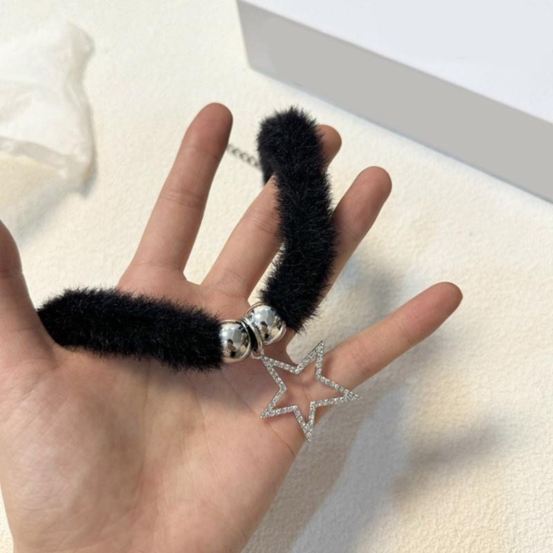 Soft Necklace Star/Round Bead Collarbone Chain Elegant Black Plush Neckchain Choker Pentagrams Accessory for Women