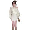 White One-word Shoulder Long-sleeved Dress Women's Spring French High-end Hot Diamond Knitted Hip Wrap and Thin Short Skirt