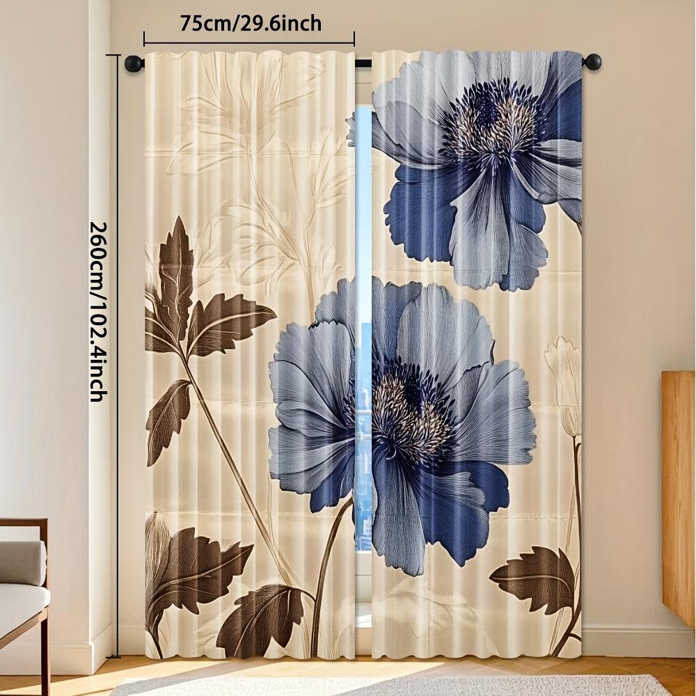 2pcs Elegant Floral Curtains - Light Filtering Semi-Sheer Window Drapes with Navy Blue Floral Pattern   Machine Washable Polyeste