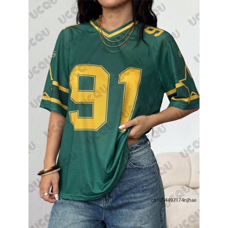 

98 Number Contrasting Printed Jersey T-Shirt For Summer Women S New Mesh Design Sexy Streetwear V-Neck Loose Fashion Top XL