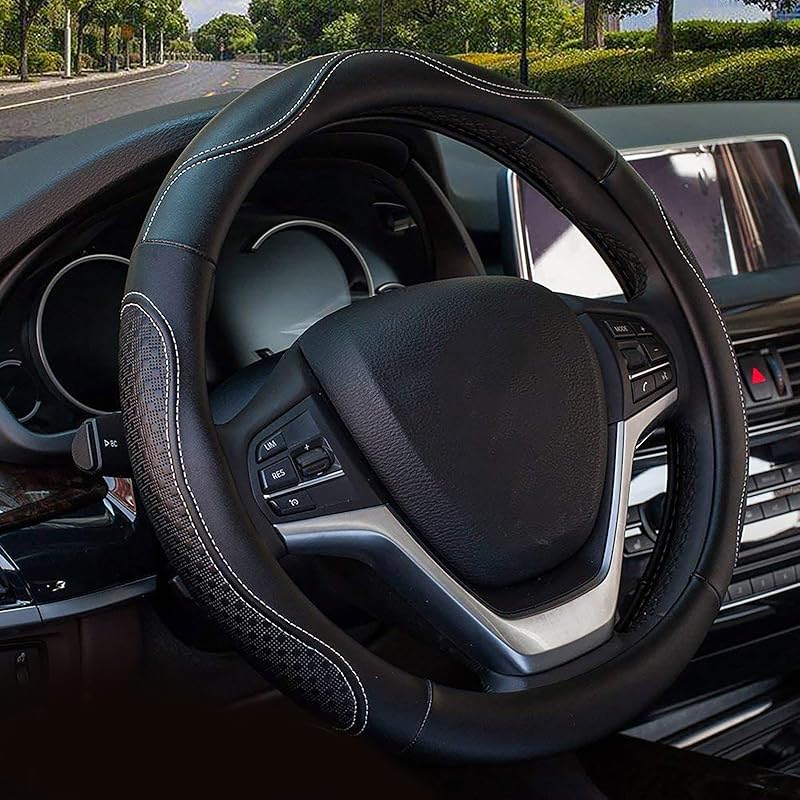 Valleycomfy Leather Steering Wheel Covers Universal 15.75 Inch -Breathable, Anti Slip & Odor Free (Black With Black Lines,L(15" 1/2-16"))