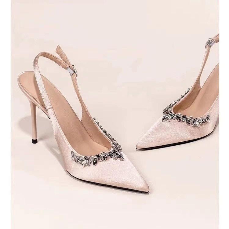 New Chain Rhinestone High Heels Women's Thin Heels Pointed Temperament French Single Shoes One Word with Bag Head Sandals Banquet Shoes