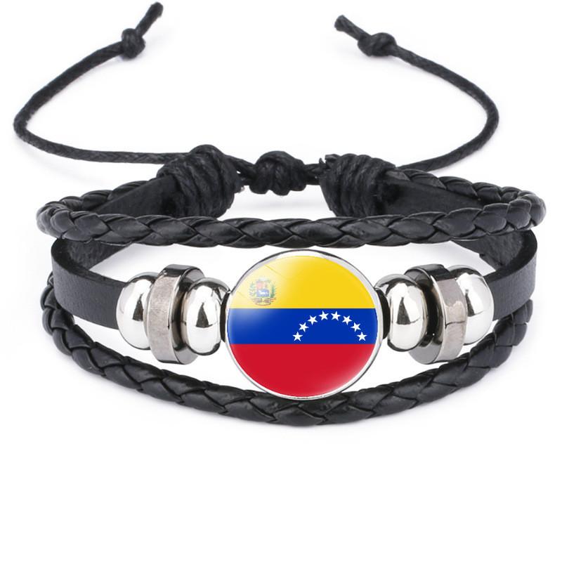 Unique South American Flag Time Gem Black Leather Multilayer Braided Bracelet