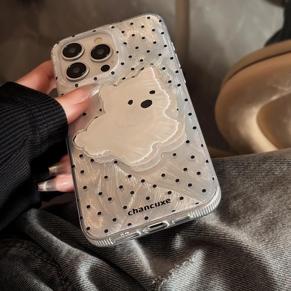 Silver Polka Dot Phone Case with Cute Dog Stand