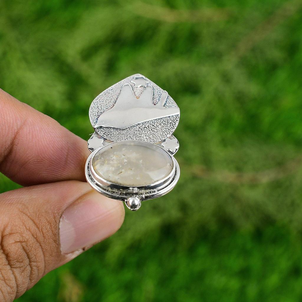 Gift For Her 925 Silver Natural Plume Agate Gemstone Promise Adjustable Ring
