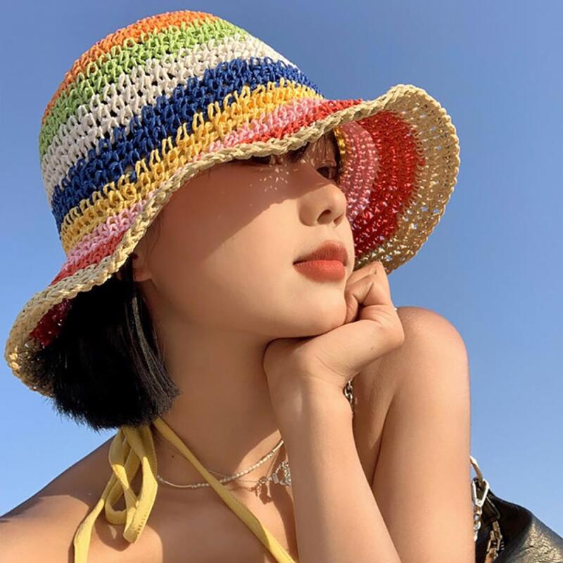 Женская летняя радужная пляжная солнцезащитная шляпа-панама C7197_Red Edge