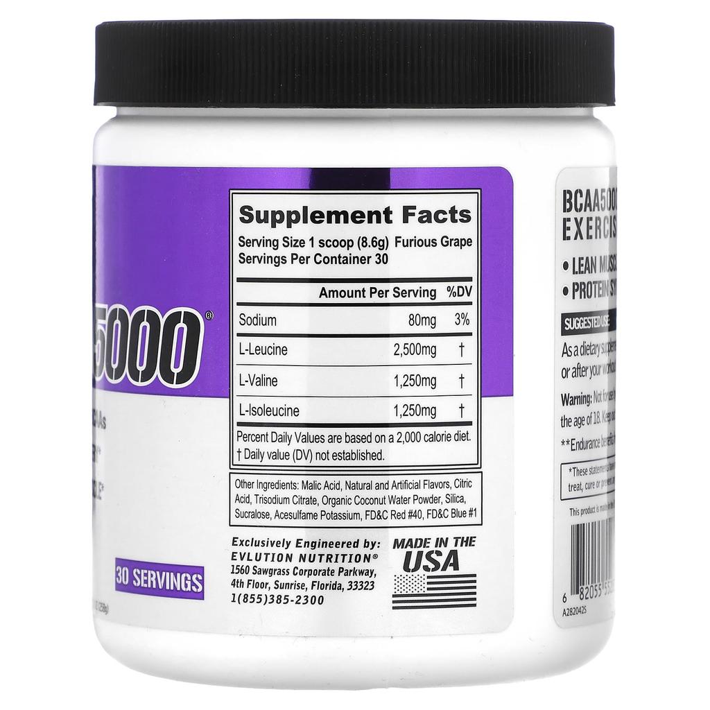 EVLution Nutrition BCAA5000, Furious Grapes, 9.10 Oz (258 G)