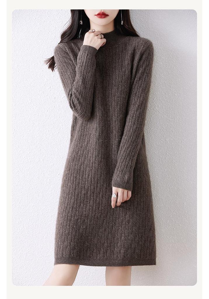 Women's Mid-Length High Neck Pure Wool Cashmere Sweater Dress - Thickened Knit for Autumn Winter