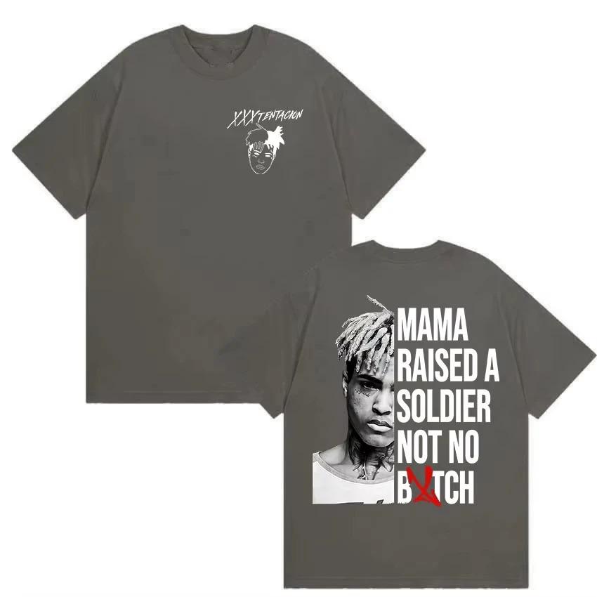 XXXTentacion Portrait "Mama Raised A Soldier" Quote Graphic Double Sided Oversized Streetwear Hip Hop Rap Fan Merch T-Shirt Top for Rap Enthusiasts