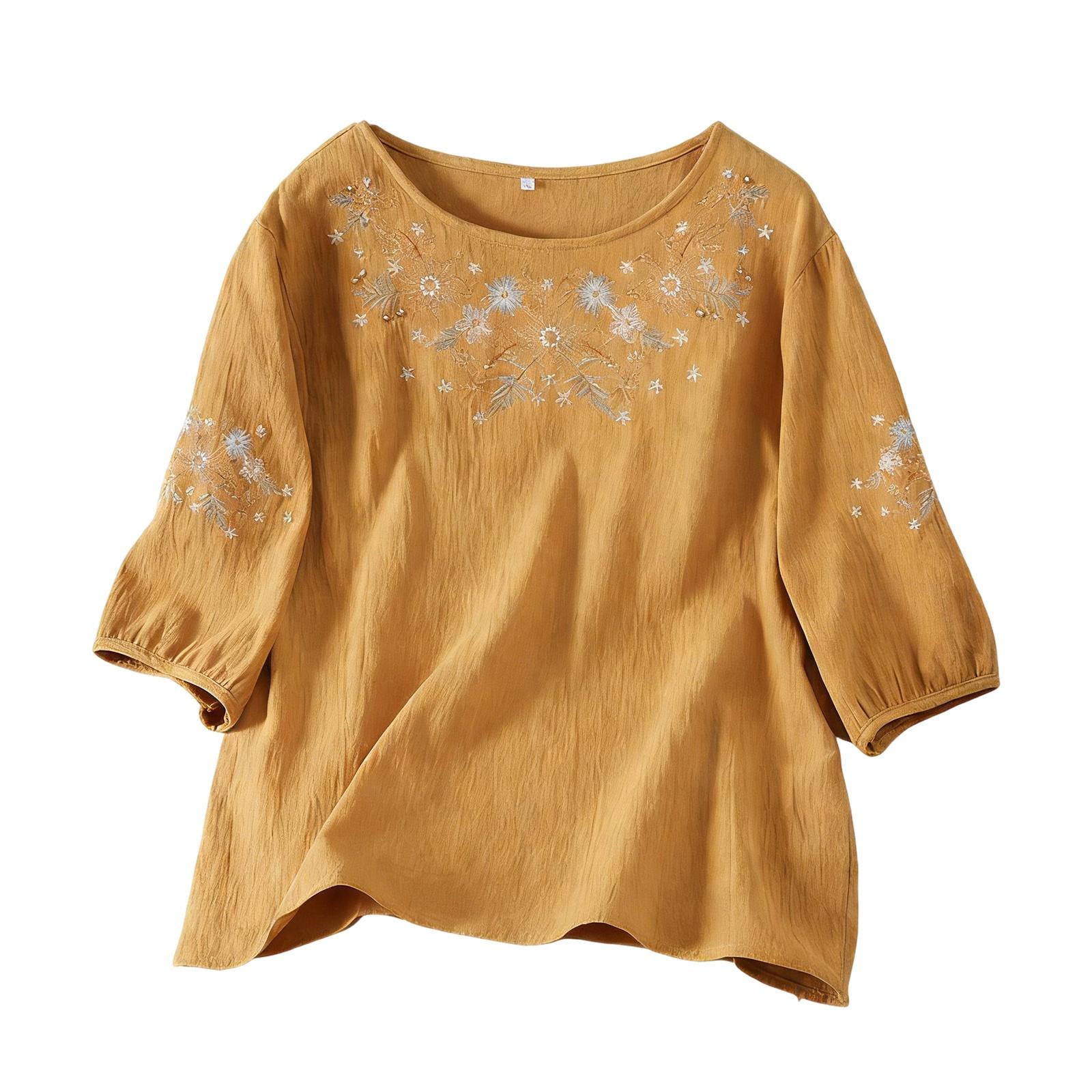 

Женская свободная, стройнящая хлопково-льняная рубашка-топ с круглым вырезом и рукавом три четверти L оранжевый