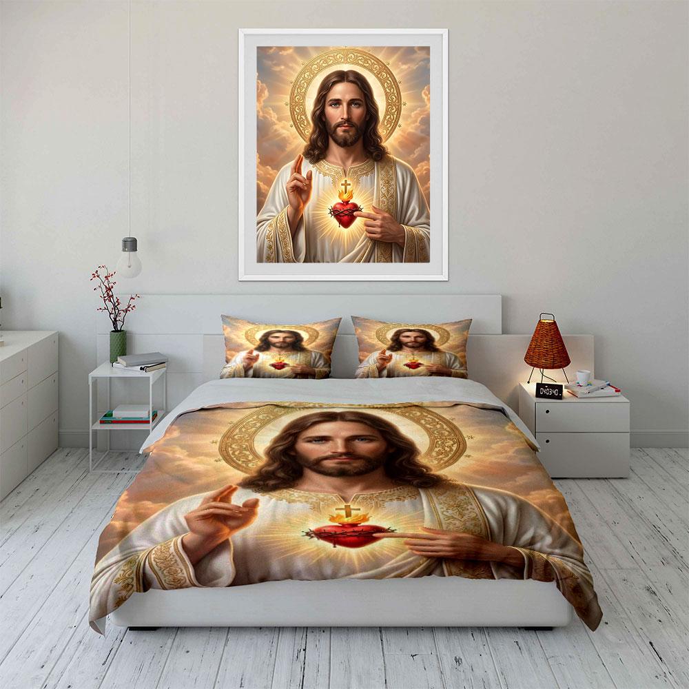 Heilig Hart met Glorieuze Christus Afbeelding Print Beddengoed Set 1 Dekbedovertrek 2 Kussenslopen voor Volwassenen en Kinderen Luxe Cadeau