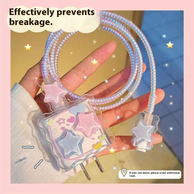 Kawaii Cute 3D Star Love Heart Wave Border Y2K Usb Protector Cover For Iphone 18/20W Data Line Head Cord Fast Charging Case