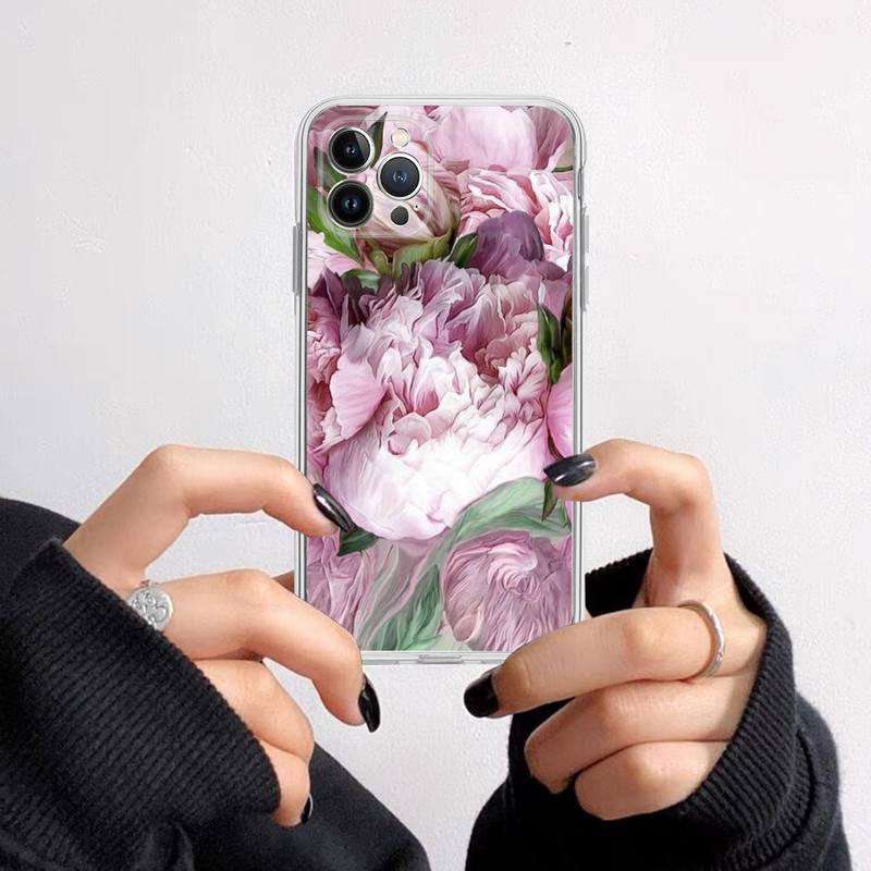 Elegant Pink Purple Peony Flower On the Vase Phone Case For iPhone 14 13 12 11 XS X XR SE 2020 6 7 8 Plus Mini Transparent Shell